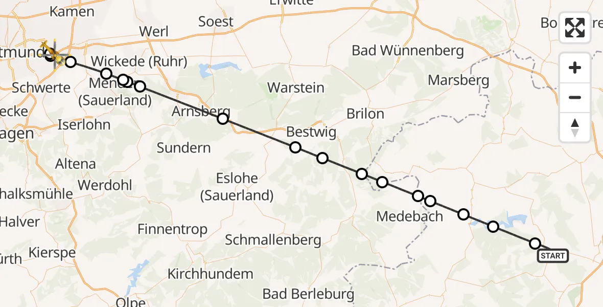 Flugroute Rettungshubschrauber Bad Wildungen - Dortmund Flughafen, 12 August 2026, 09:25