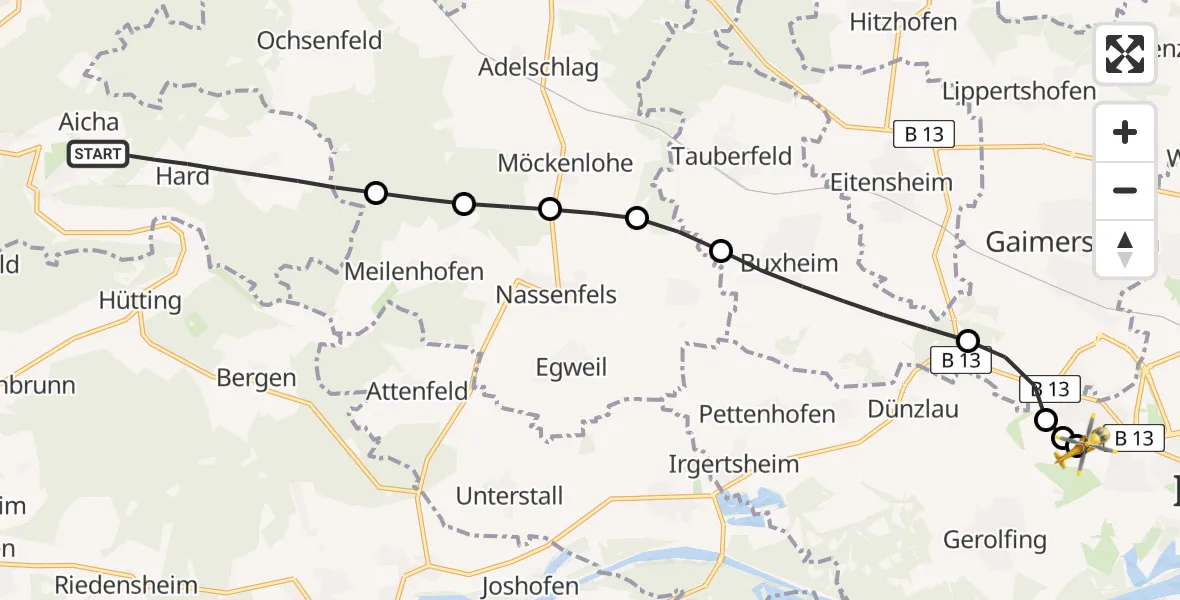Flugroute Rettungshubschrauber Wellheim - Ingolstadt Hospital, 12 August 2026, 09:28