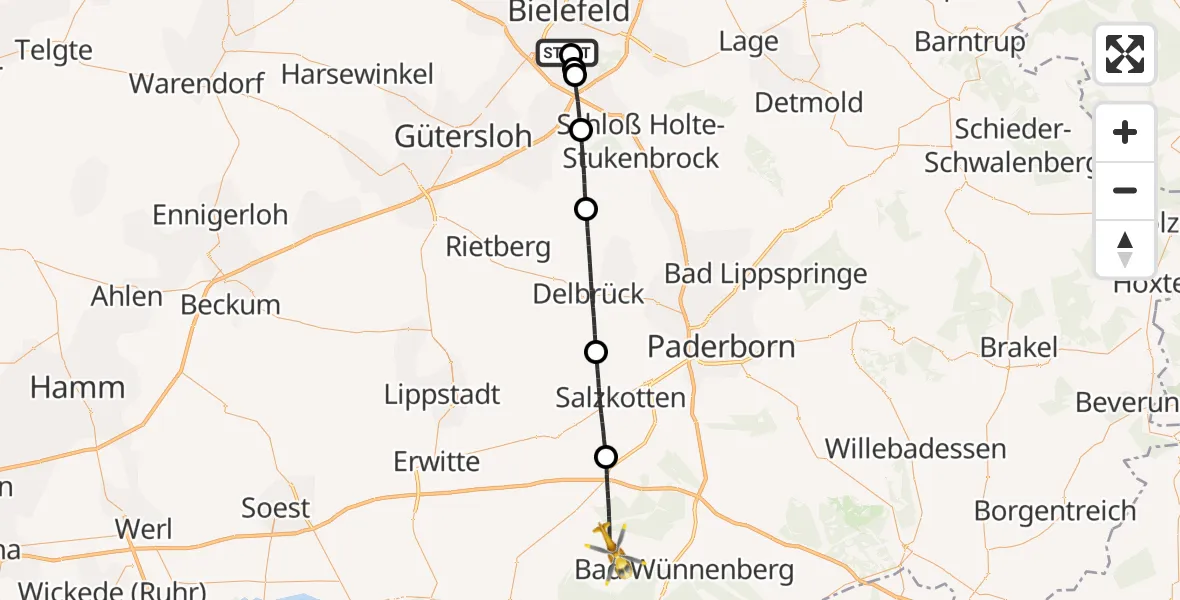 Flugroute Rettungshubschrauber Luftrettungszentrum Bielefeld - Büren, 12 August 2026, 09:33