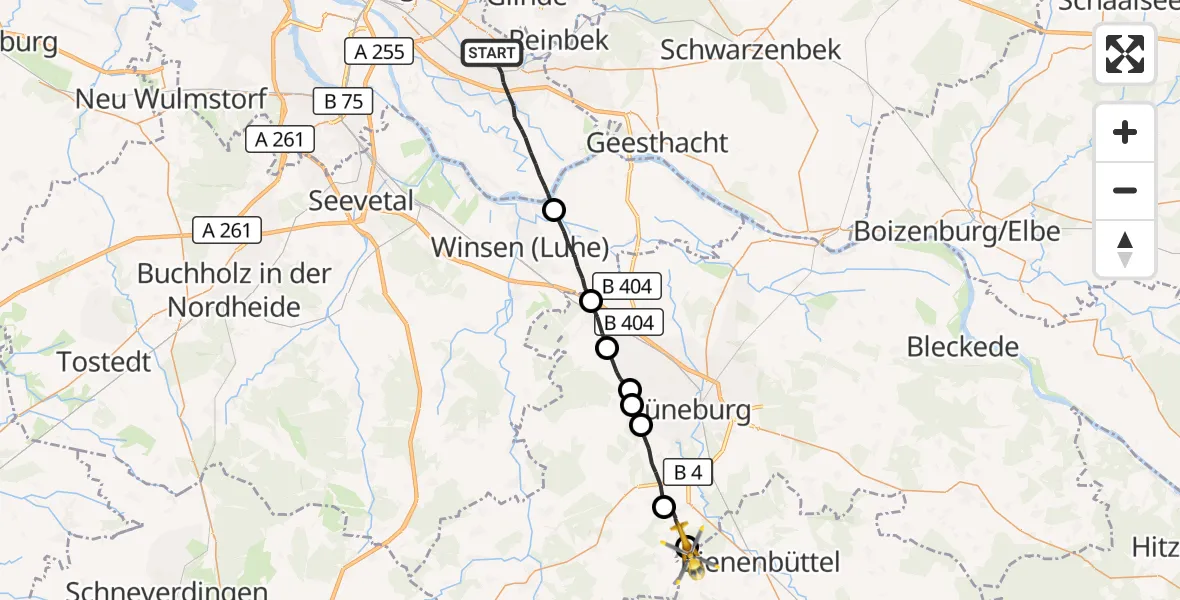 Flugroute Rettungshubschrauber Hamburg - Bienenbüttel, 12 August 2026, 09:33