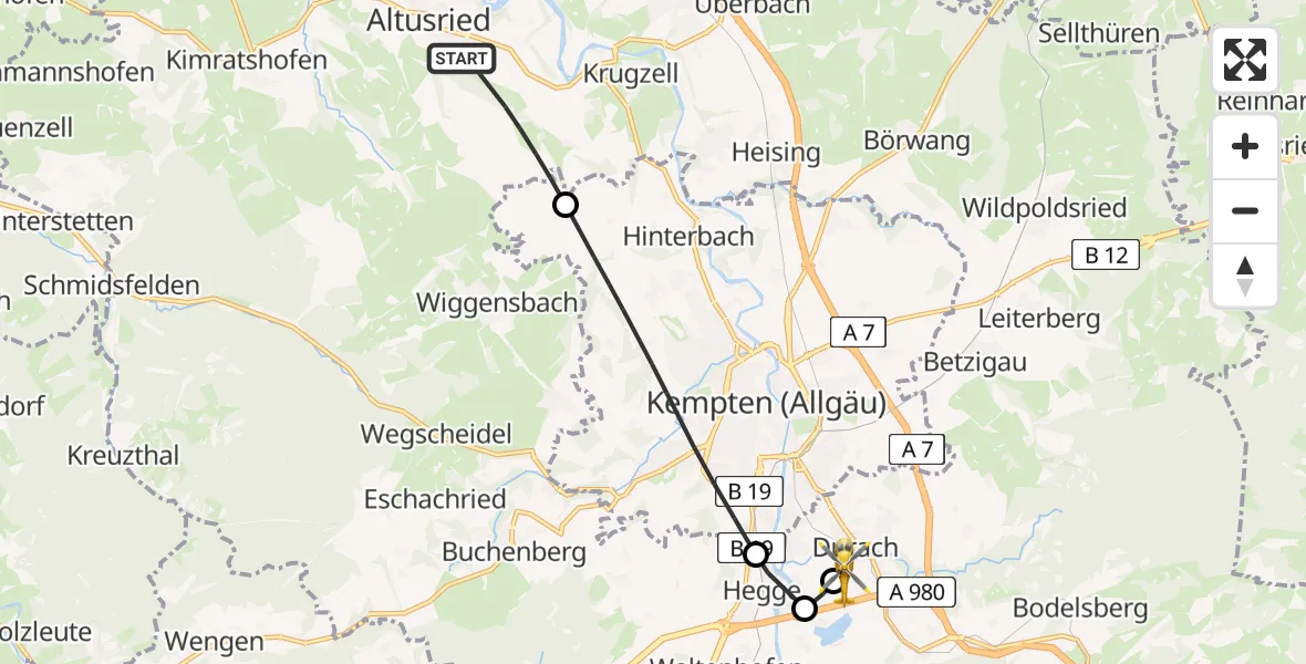 Flugroute Rettungshubschrauber Altusried - Kempten-Durach Flugplatz, 12 August 2026, 09:35