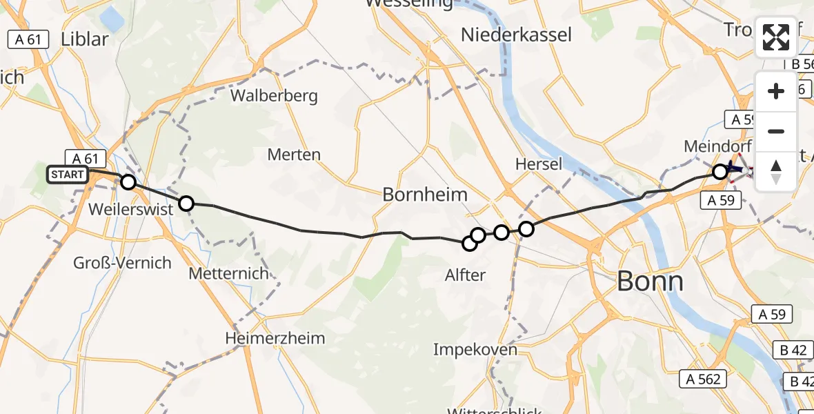 Flugroute Polizeihubschrauber Erftstadt - Sankt Augustin, 12 August 2026, 09:36