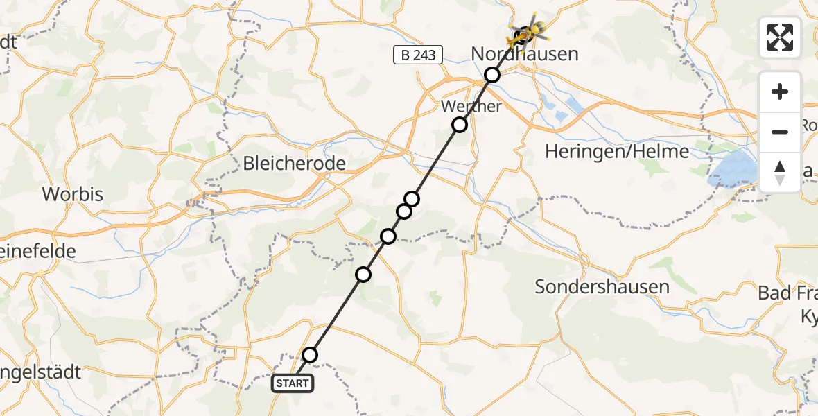 Flugroute Rettungshubschrauber Unstruttal - Südharz Hospital Nordhausen, 12 August 2026, 09:40