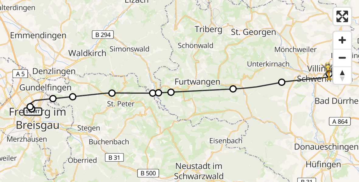 Flugroute Ambulanzhubschrauber Freiburg University Hospital Heliport 1 - DRF Air Rescue Station Villingen-Schwenningen Hubschrauberlandeplatz (Christoph 11), 12 August 2026, 09:41