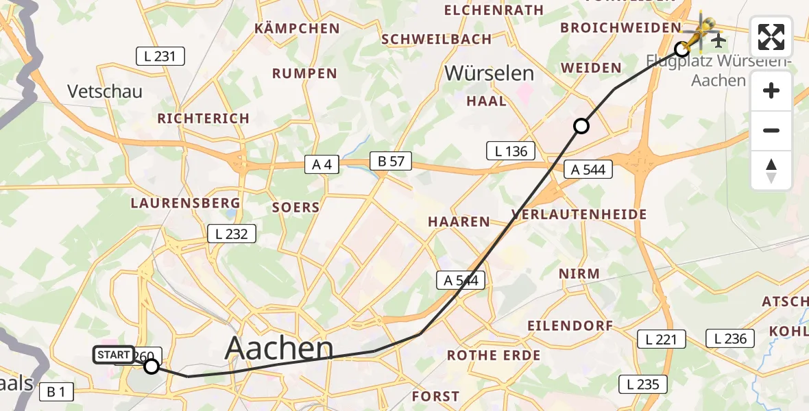Flugroute Rettungshubschrauber Aachen Hospital - Aachen-Merzbrück Flughafen, 12 August 2026, 09:52
