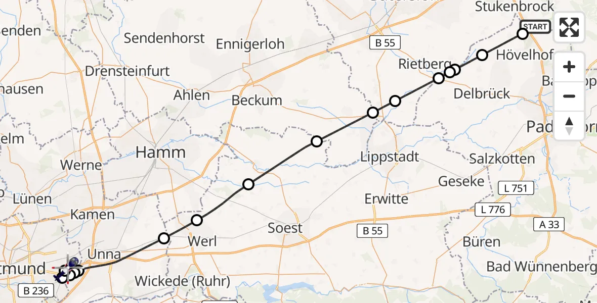 Flugroute Polizeihubschrauber Schloß Holte-Stukenbrock - Dortmund Flughafen, 12 August 2026, 09:56
