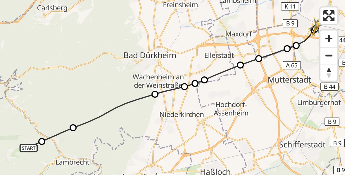 Flugroute Rettungshubschrauber Frankeneck - Ludwigshafen Accident Hospital, 12 August 2026, 10:01