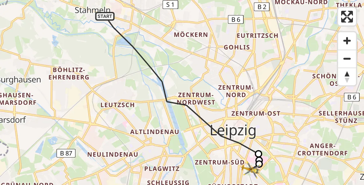 Flugroute Rettungshubschrauber Leipzig - Leipzig University Hospital Hubschrauberlandeplatz 1, 12 August 2026, 10:02