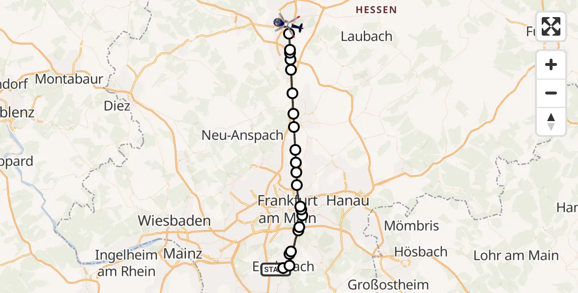 Flugroute Polizeihubschrauber Flughafen Frankfurt-Egelsbach - Gießen, 12 August 2026, 10:06
