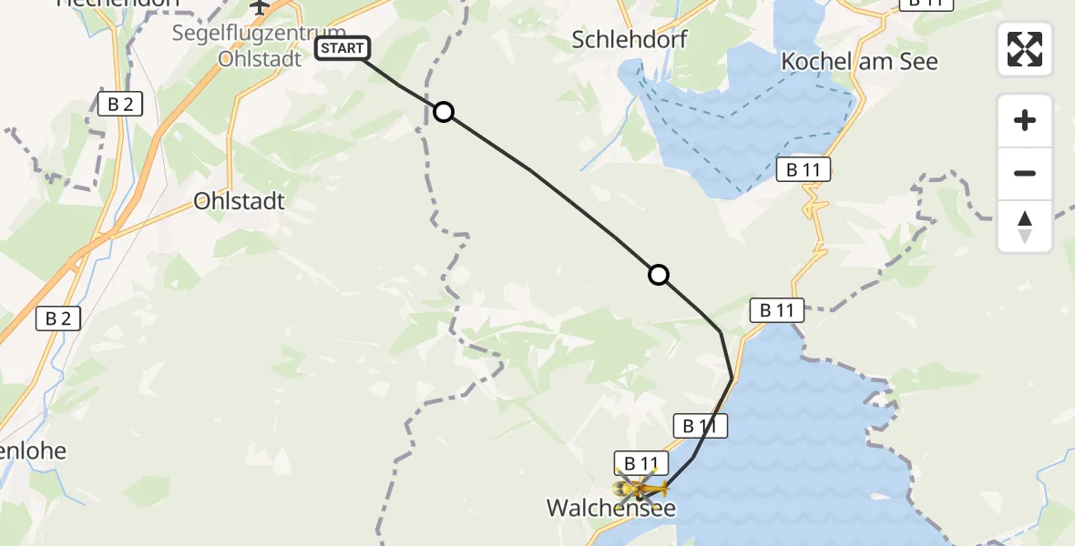 Flugroute Rettungshubschrauber Ohlstadt - Kochel a.See, 12 August 2026, 10:07