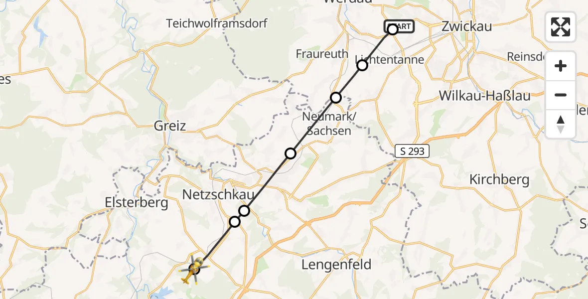 Flugroute Rettungshubschrauber ADAC Air Rescue Station Zwickau Hubschrauberlandeplatz - Pöhl, 12 August 2026, 10:11