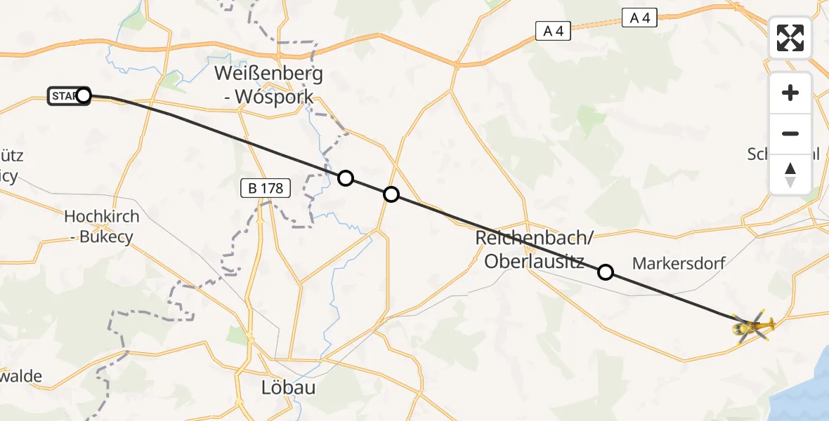 Flugroute Rettungshubschrauber Kubschütz - Markersdorf, 12 August 2026, 10:11