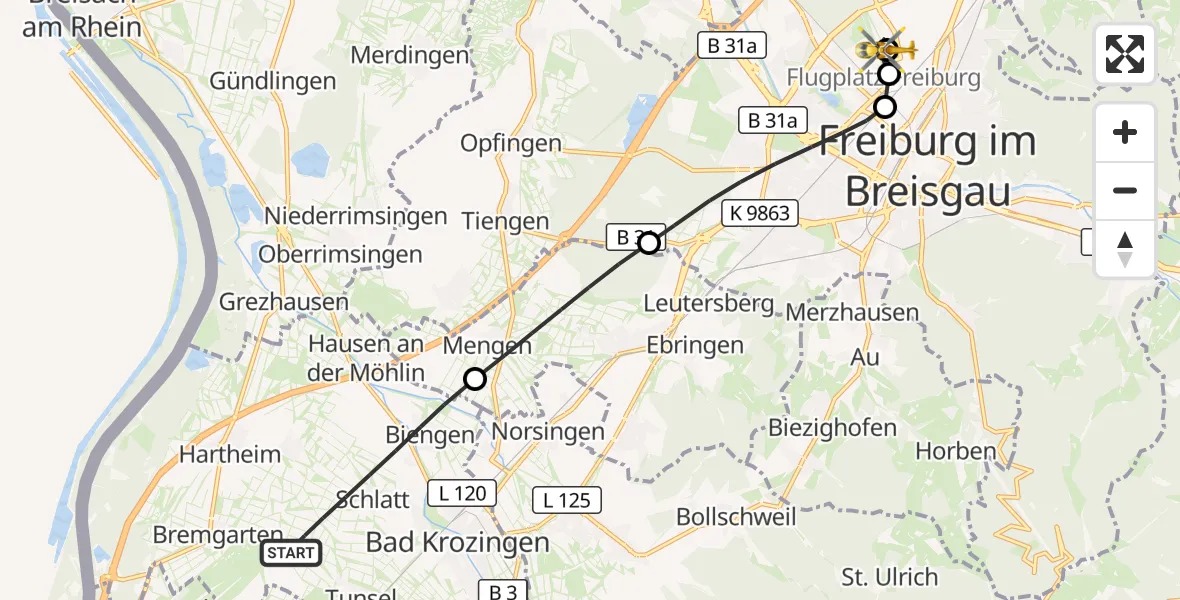 Flugroute Ambulanzhubschrauber Bad Krozingen - Freiburg im Breisgau Flugplatz, 12 August 2026, 10:12