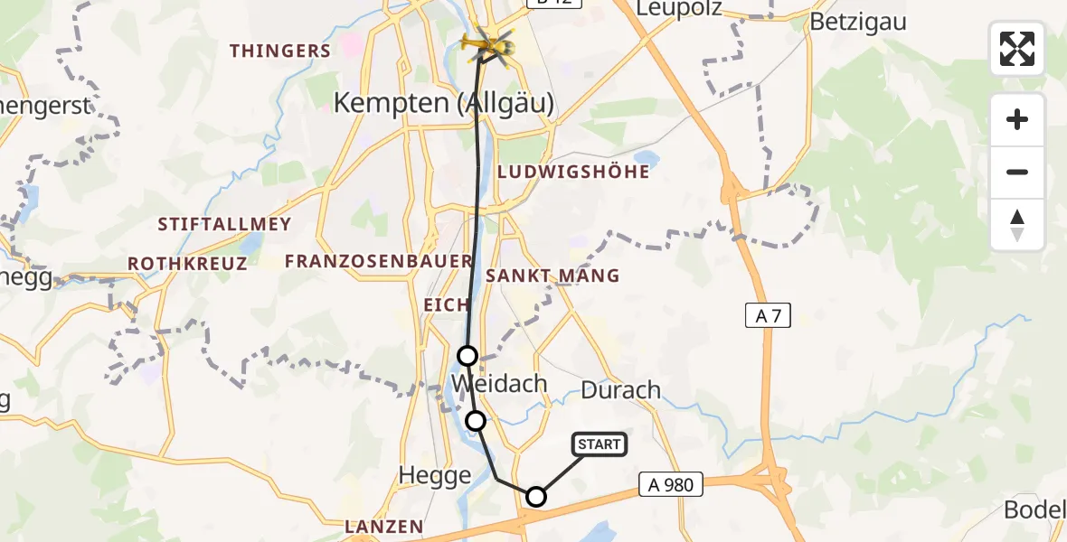 Flugroute Rettungshubschrauber Kempten-Durach Flugplatz - Kempten (Allgäu), 12 August 2026, 10:21