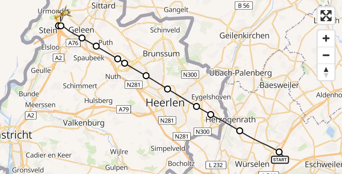 Flugroute Rettungshubschrauber Aachen-Merzbrück Flughafen - Geleen, 12 August 2026, 10:31