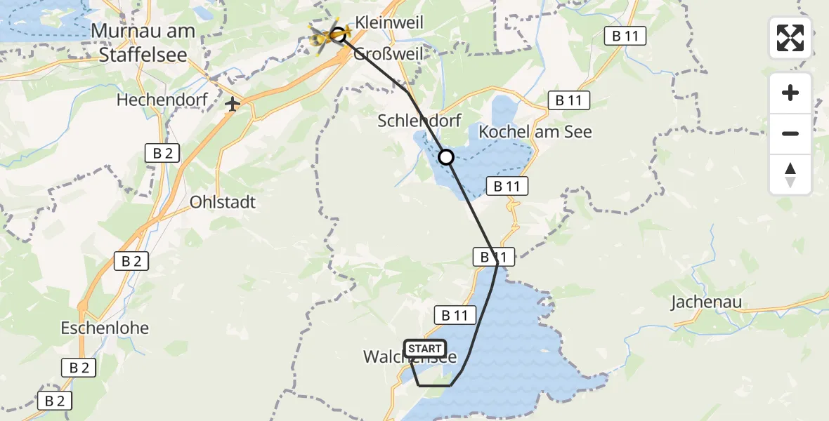 Flugroute Rettungshubschrauber Kochel a.See - Großweil, 12 August 2026, 10:32