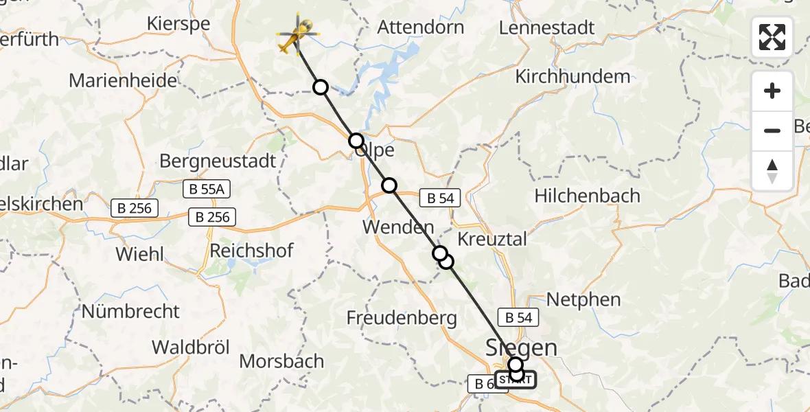 Flugroute Rettungshubschrauber Evangelisches Jung-Stilling Hospital - Meinerzhagen, 12 August 2026, 10:34