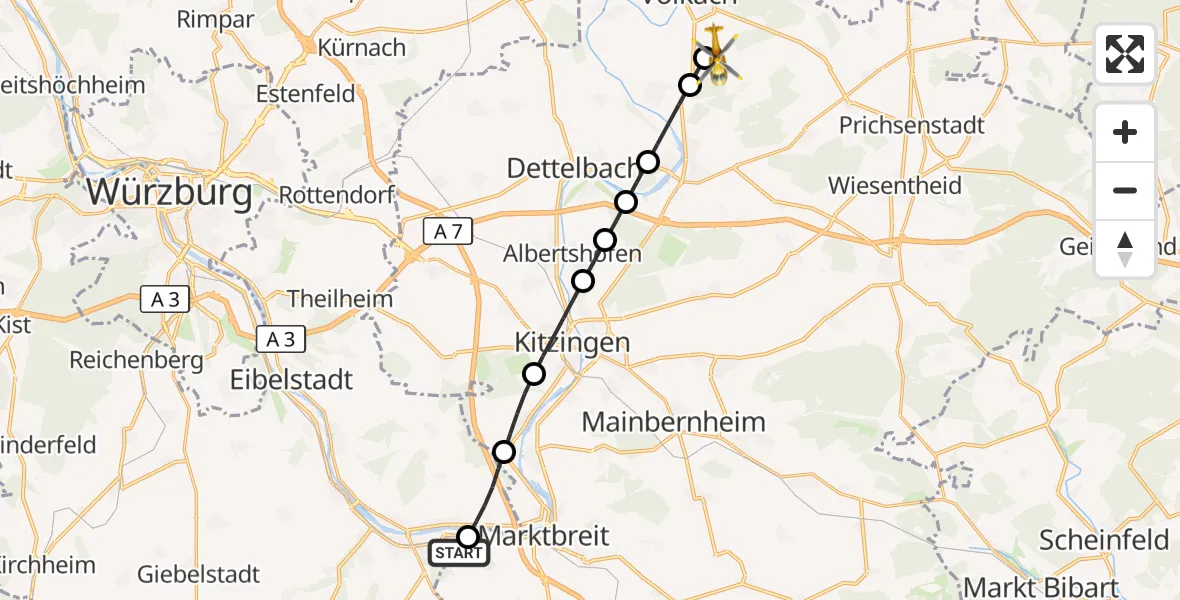Flugroute Rettungshubschrauber Ochsenfurt - Volkach, 12 August 2026, 10:35