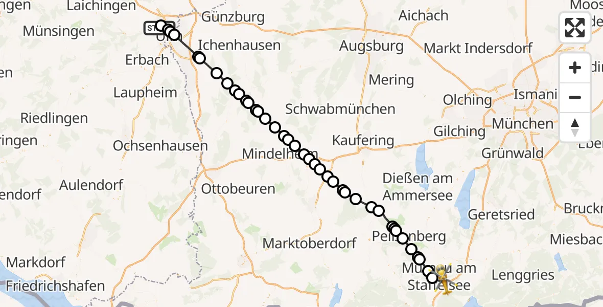 Flugroute Rettungshubschrauber Ulm Military Hospital Emergency - Murnau a.Staffelsee, 12 August 2026, 10:39
