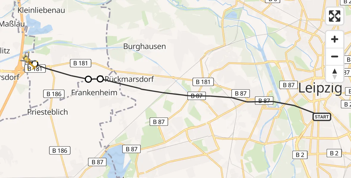 Flugroute Rettungshubschrauber Leipzig - ADAC Air Rescue Station Leipzig/Schkeuditz-Dölzig Hubschrauberlandeplatz (Christoph 61), 12 August 2026, 10:41