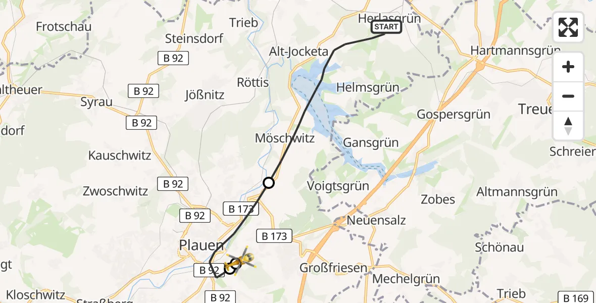 Flugroute Rettungshubschrauber Pöhl - Helios Clinic Plauen, 12 August 2026, 10:41