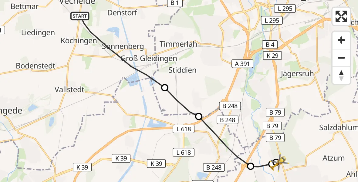 Flugroute Rettungshubschrauber Vechelde - Wolfenbüttel Municipal Hospital Heliport (Christoph 30), 12 August 2026, 10:46