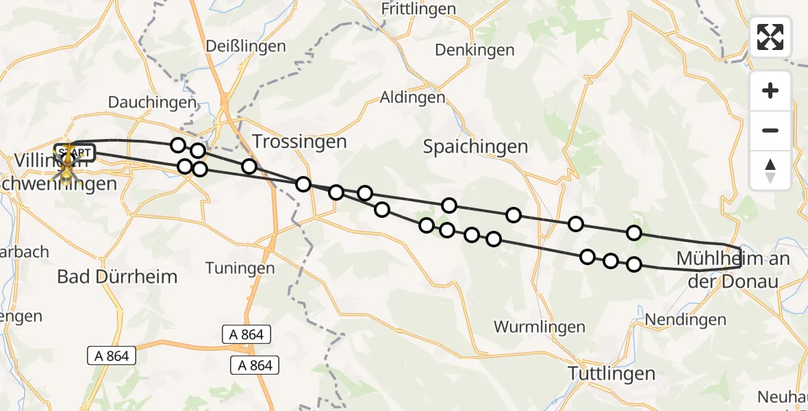 Flugroute Ambulanzhubschrauber Villingen-Schwenningen - DRF Air Rescue Station Villingen-Schwenningen Hubschrauberlandeplatz (Christoph 11), 12 August 2026, 10:51