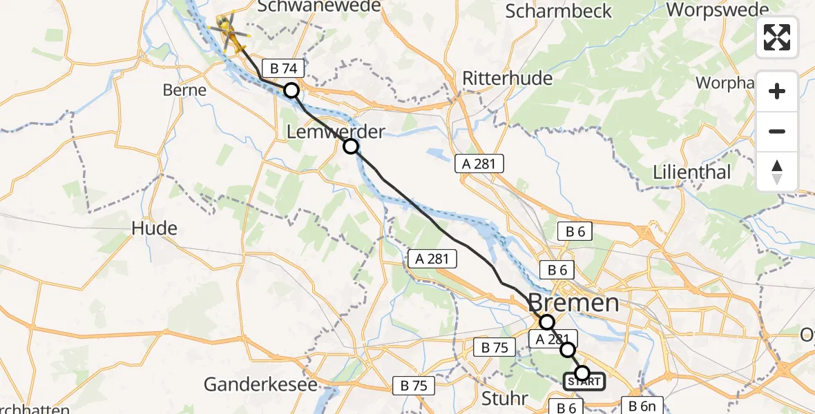 Flugroute Rettungshubschrauber ADAC Air Rescue Station Bremen Hubschrauberlandeplatz (Christoph 6) - Bremen, 12 August 2026, 10:54