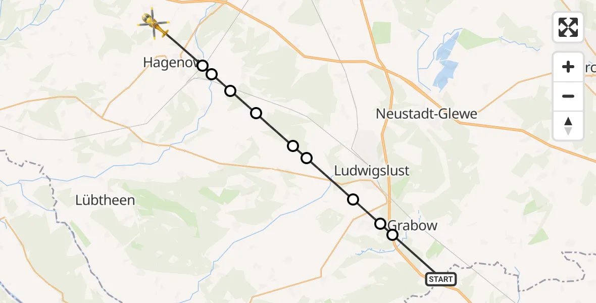 Flugroute Rettungshubschrauber Kremmin - Hagenow, 12 August 2026, 10:55
