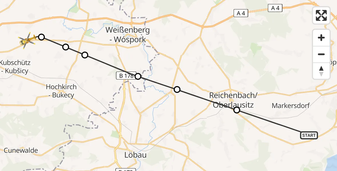 Flugroute Rettungshubschrauber Markersdorf - Bautzen Flugplatz, 12 August 2026, 10:55