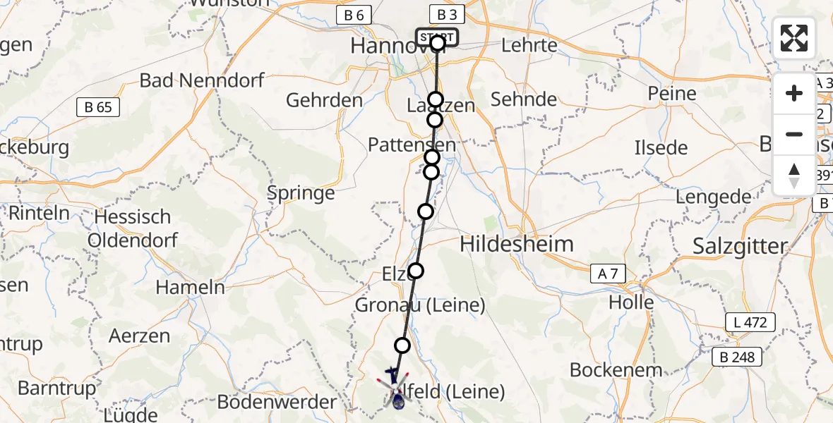 Flugroute Polizeihubschrauber Hannover Luftrettung Hubschrauberlandeplatz (Christoph 4) - Duingen, 12 August 2026, 10:56