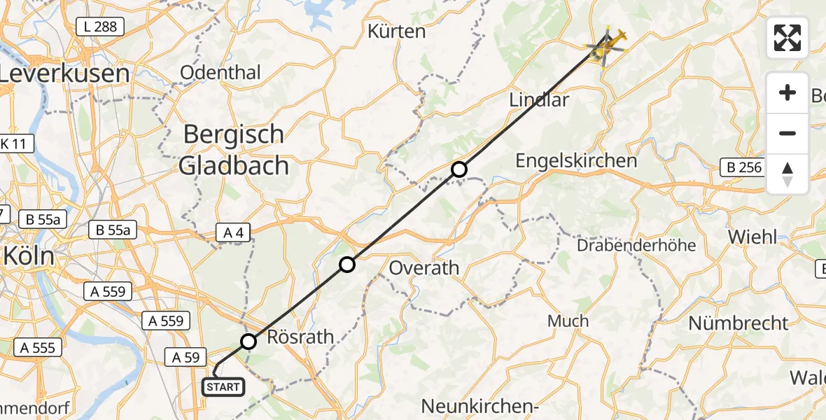 Flugroute Rettungshubschrauber Köln Bonn Flughafen - Lindlar, 12 August 2026, 11:05