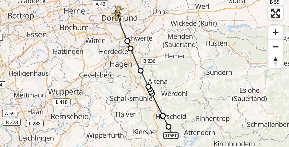 Flugroute Rettungshubschrauber Meinerzhagen - Dortmund Hospital North, 12 August 2026, 11:08