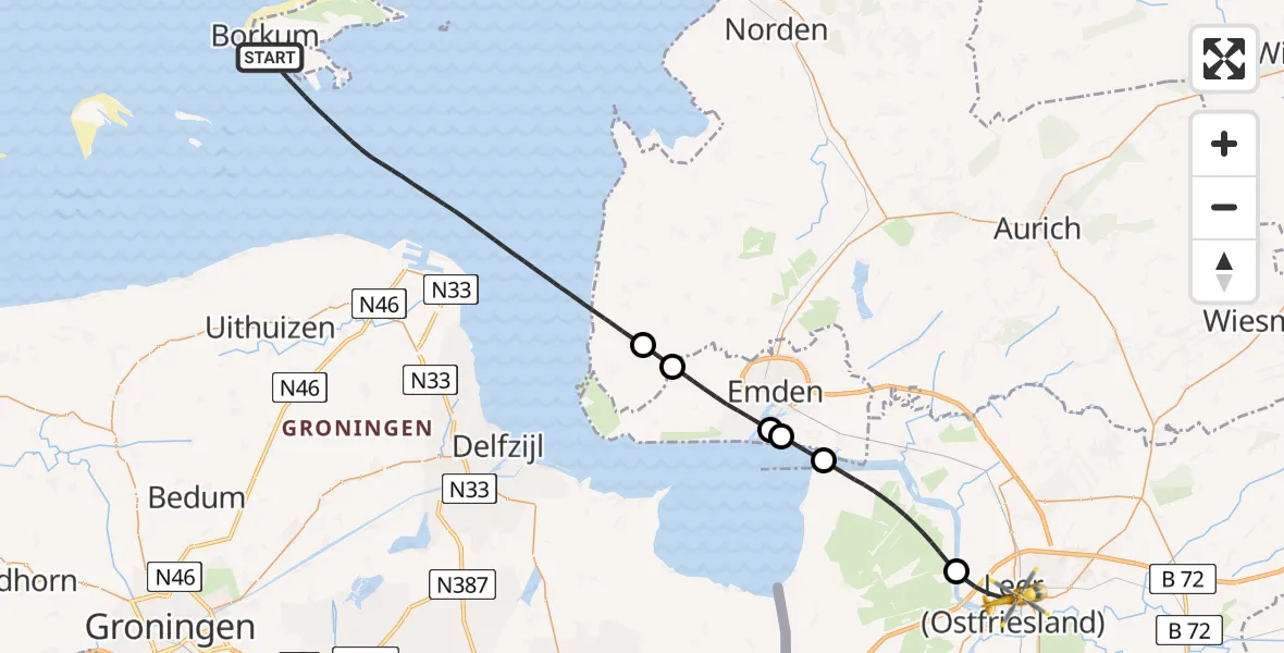 Flugroute Ambulanzhubschrauber Noordzee - Leer (Ostfriesland), 12 August 2026, 11:15