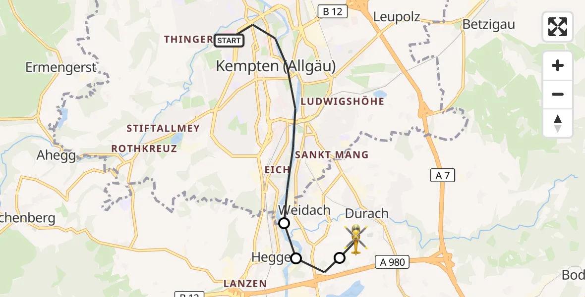 Flugroute Rettungshubschrauber Kempten (Allgäu) - Kempten-Durach Flugplatz, 12 August 2026, 11:19