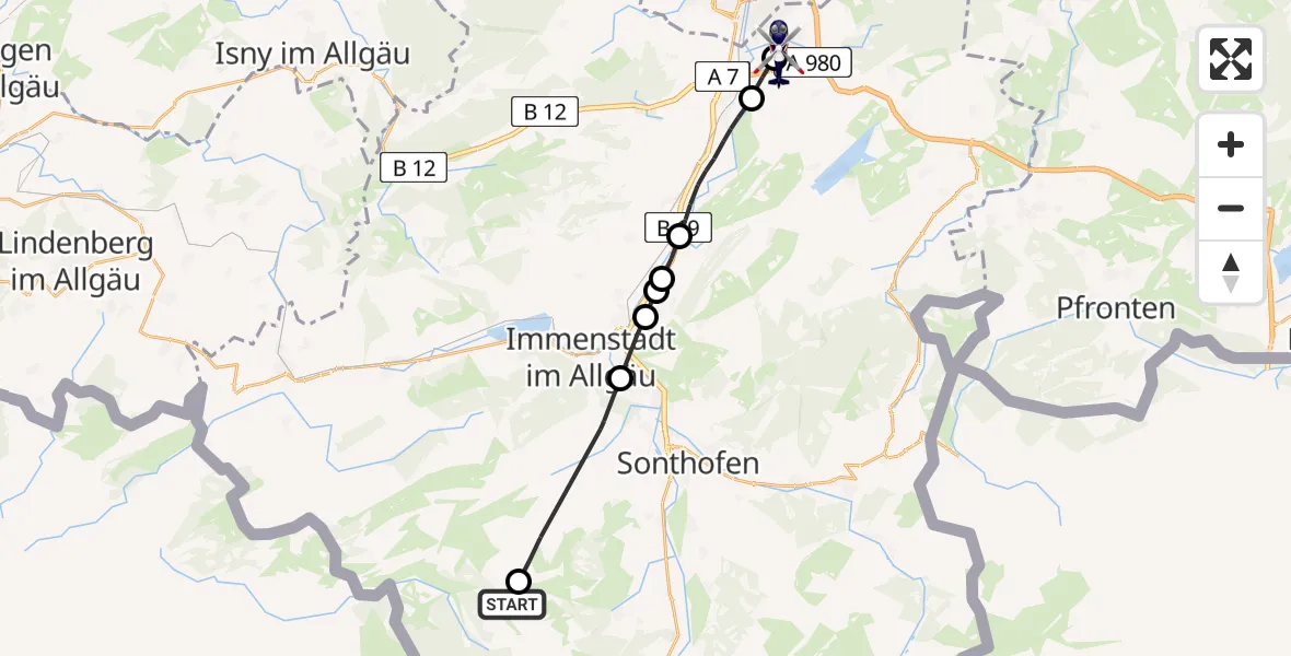 Flugroute Polizeihubschrauber Bolsterlang - Kempten-Durach Flugplatz, 12 August 2026, 11:20