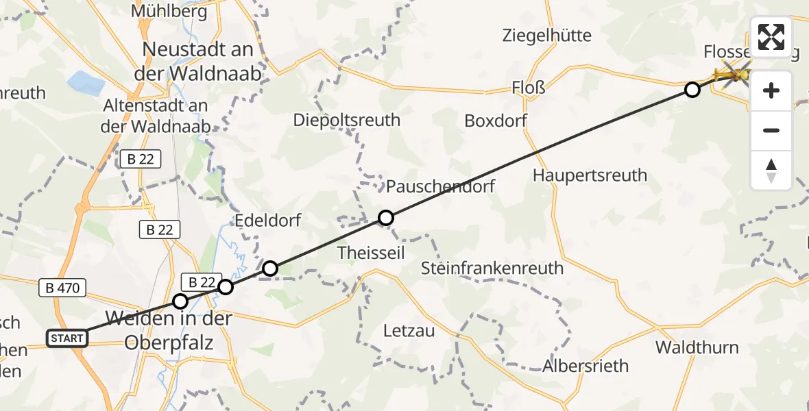 Flugroute Ambulanzhubschrauber Weiden i.d.OPf. - Flossenbürg, 12 August 2026, 11:22