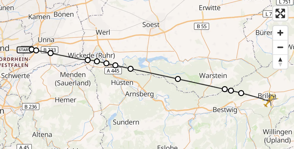 Flugroute Rettungshubschrauber Dortmund Flughafen - Brilon, 12 August 2026, 11:22