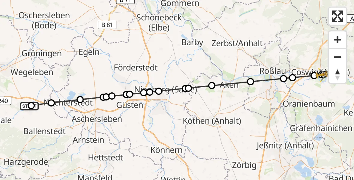 Flugroute Rettungshubschrauber Harz Hospital Quedlinburg - MediClin Heart Center Coswig Hubschrauberlandeplatz, 12 August 2026, 11:23