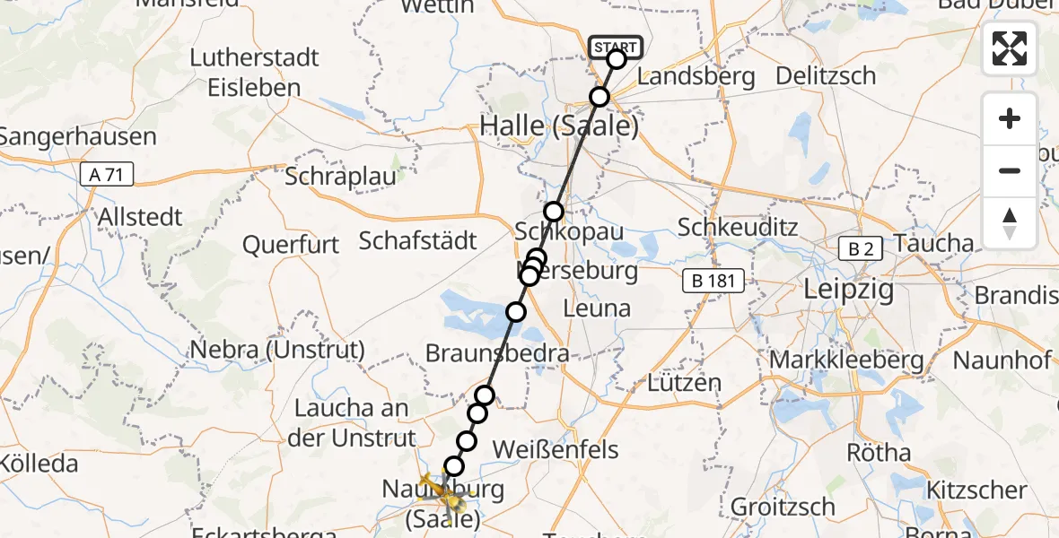 Flugroute Rettungshubschrauber Halle-Oppin Flugplatz - Naumburg Krankenhaus Hubschrauberlandeplatz, 12 August 2026, 11:26