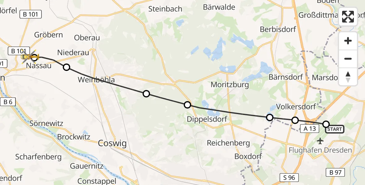 Flugroute Rettungshubschrauber Dresden Bundespolizei Hubschrauberlandeplatz - Meißen, 12 August 2026, 11:30