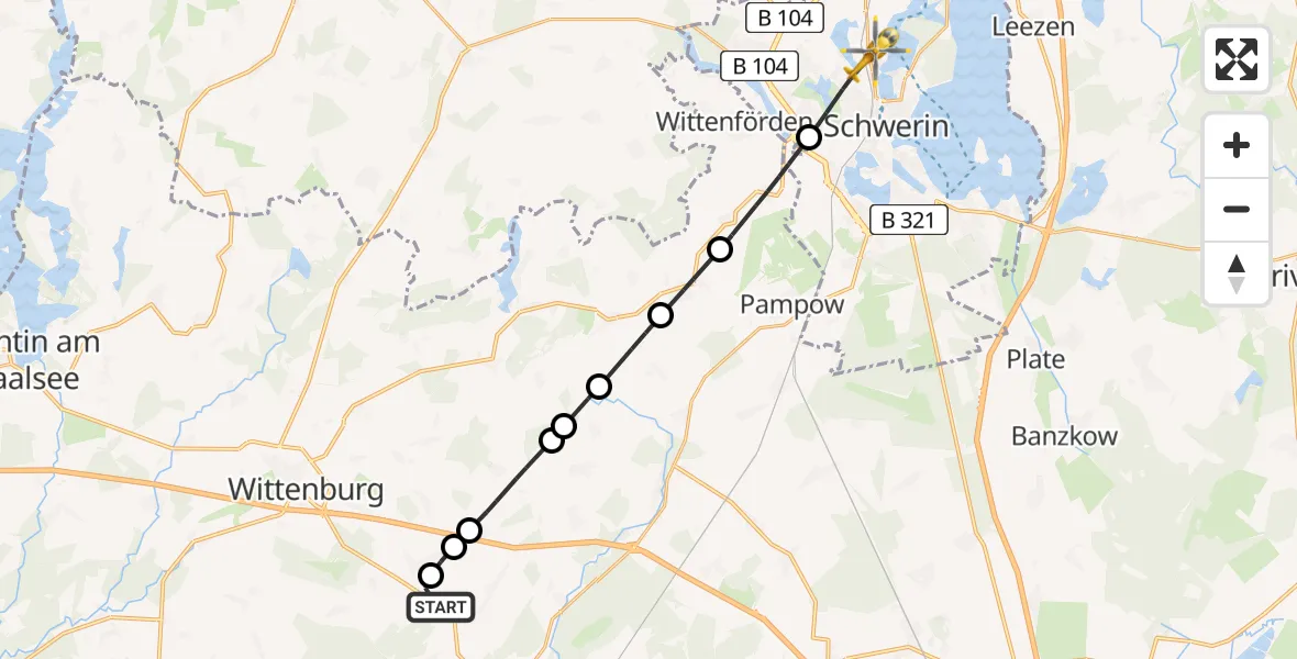Flugroute Rettungshubschrauber Hagenow - Schwerin, 12 August 2026, 11:32