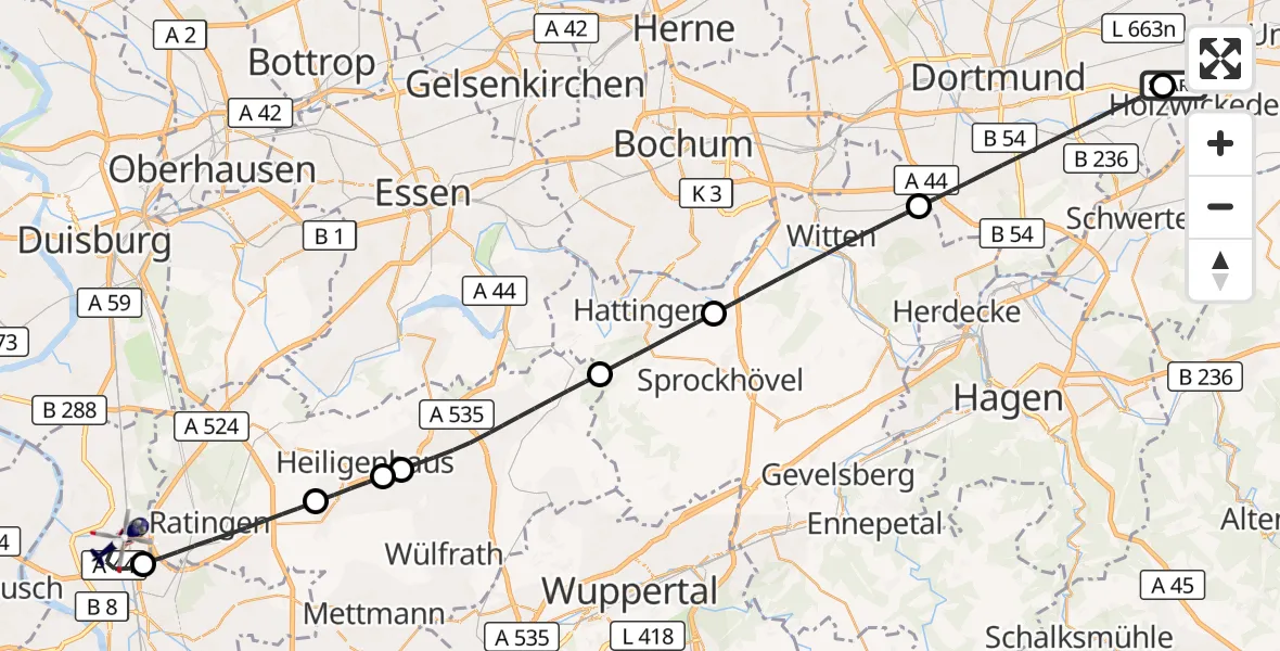 Flugroute Polizeihubschrauber Dortmund Flughafen - Düsseldorf Flughafen, 12 August 2026, 11:35