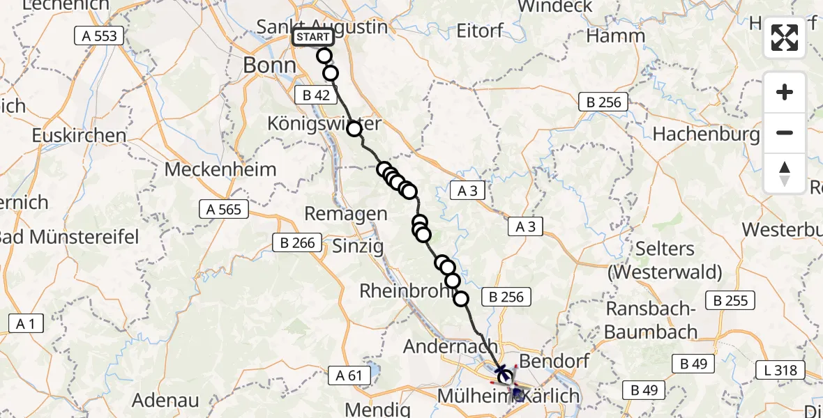 Flugroute Polizeihubschrauber Sankt Augustin - Mülheim-Kärlich, 12 August 2026, 11:35