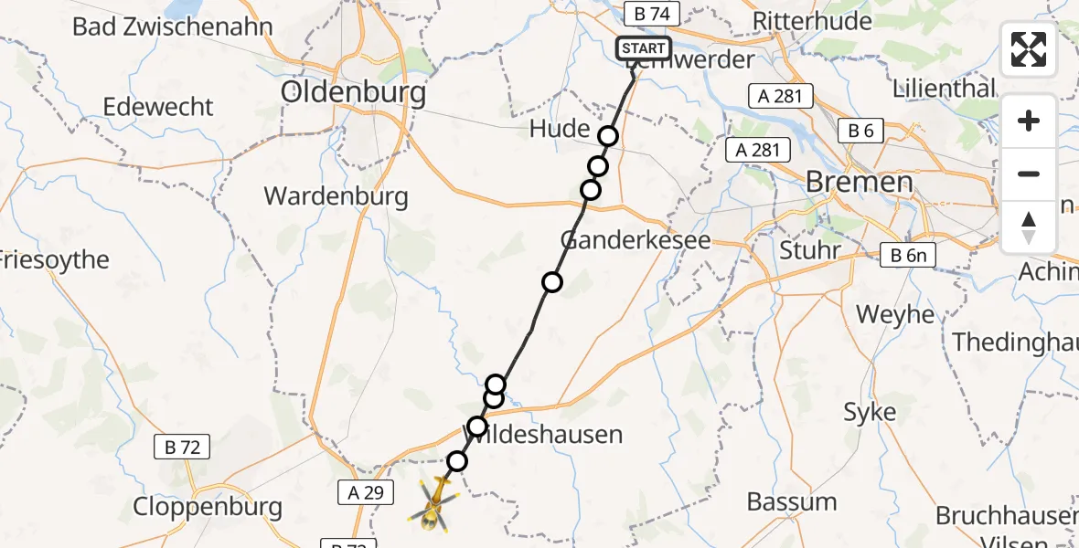 Flugroute Rettungshubschrauber Berne - Visbek, 12 August 2026, 11:36