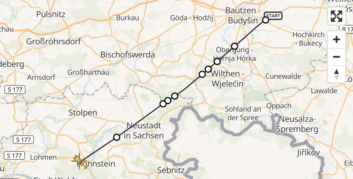 Flugroute Rettungshubschrauber Kubschütz - Hohnstein, 12 August 2026, 11:37