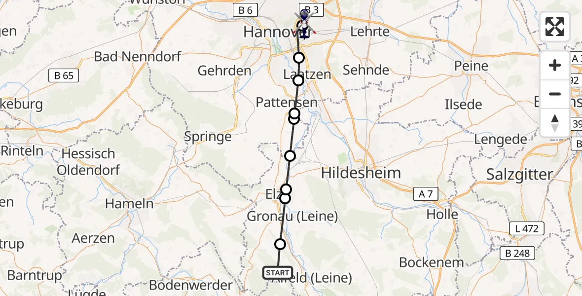 Flugroute Polizeihubschrauber Duingen - Hannover Luftrettung Hubschrauberlandeplatz (Christoph 4), 12 August 2026, 11:47