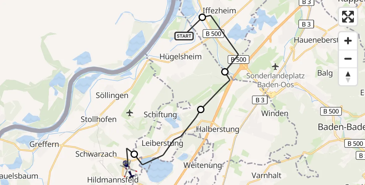 Flugroute Polizeihubschrauber Hügelsheim - Rheinmünster, 12 August 2026, 11:54