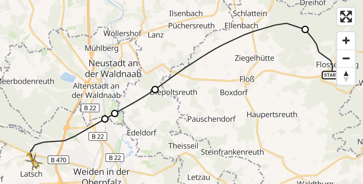Flugroute Ambulanzhubschrauber Flossenbürg - Weiden i.d.OPf., 12 August 2026, 11:55