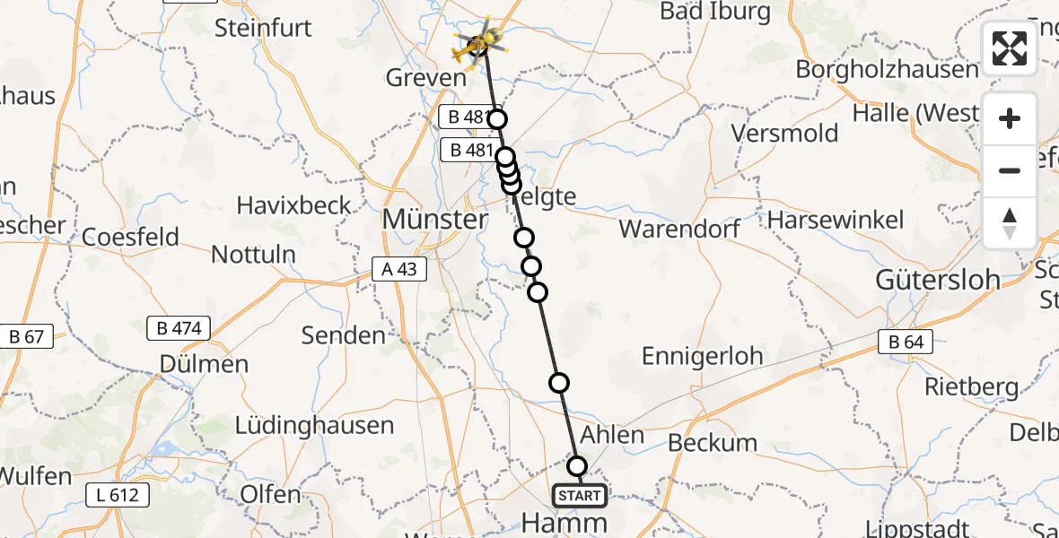 Flugroute Ambulanzhubschrauber Hamm - Christoph  Westfalen-ADAC, 12 August 2026, 11:59